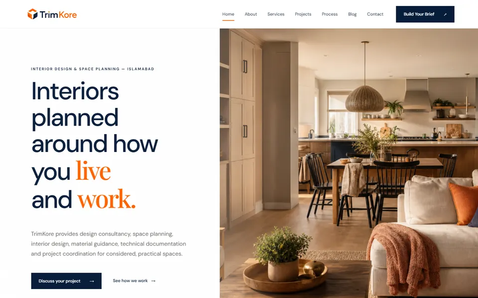 Homepage preview of the TrimKore interior design website