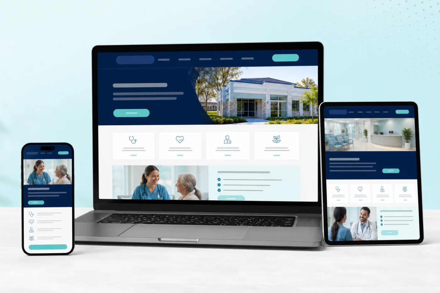 A responsive business website displayed on laptop, tablet, and phone