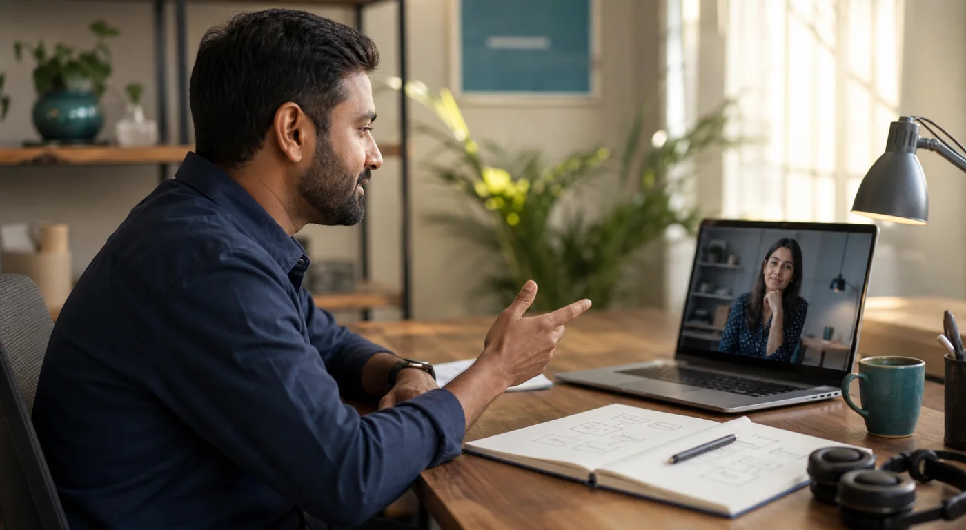 A business owner discussing an operational workflow during a remote project conversation