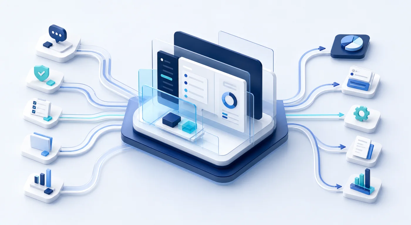 A visual workflow connecting requests, tasks, documents, security, and reporting