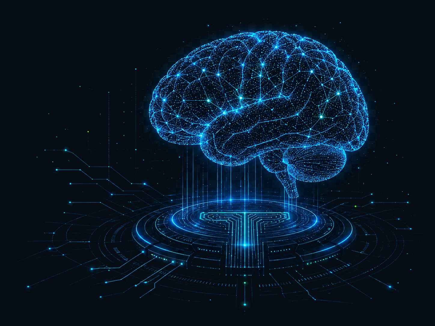 A luminous neural brain connected to a digital systems platform shaped around the Trimsoft T